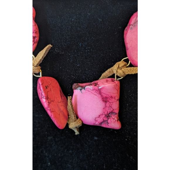 Pink Dyed Stone Necklace Strung Together w/ Rawhide Signed W - Picture 3 of 7